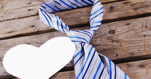 A striped tie forms a knot near a white heart shape on a rustic wooden background, with copy space. Symbolizing love and professionalism, the image blends romantic elements with business attire.