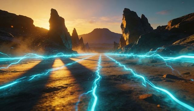 Cyan energy grid racing through rocky desert canyon at golden sunset