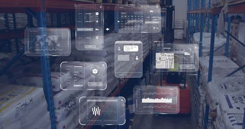 Man in warehouse surrounded by digital data interfaces