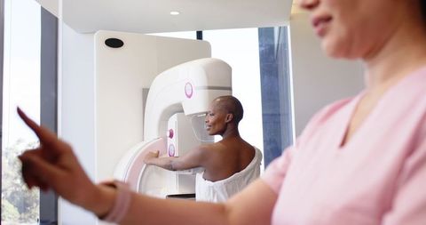 Black woman undergoing mammogram while female radiologic tech operating digital mammography