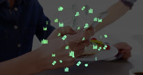 Digital Network Icons Overlay on Smartphone Screen in Cafe