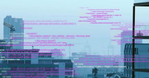 Cyberpunk Neon Code Overlay on Urban Skyline Showing Holographic Digital Interface