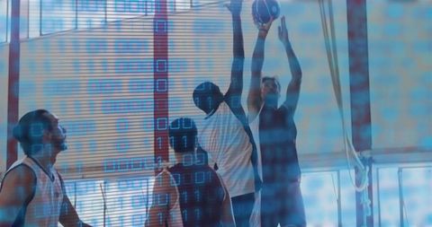 Basketball Athletes Competing with Binary Code Overlay in Gym
