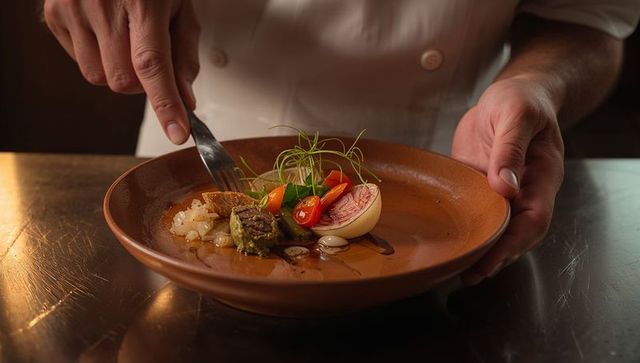 Plating gourmet soft egg, microgreens and seared beef by chef in double-breasted jacket