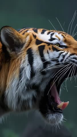 Vertical video close-up of tiger yawning and exposing fangs in forest clearing
