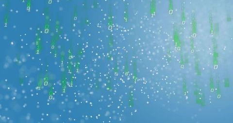 Streaming binary code over blue field with green digits and white bokeh, abstract tech