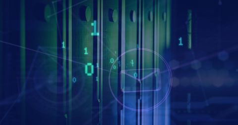 Digital composition displays binary coding and network of digital icons overlaid on computer servers, symbolizing advanced business technology and data management systems. Useful for technology-oriented articles, data management concepts, and illustrating IT infrastructure visuals.