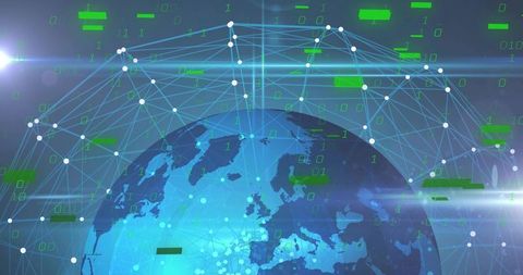 Global digital network connecting Earth with holographic data mesh, nodes and binary stream