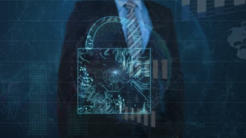 Digital Padlock Over Businessman with Global Cybersecurity