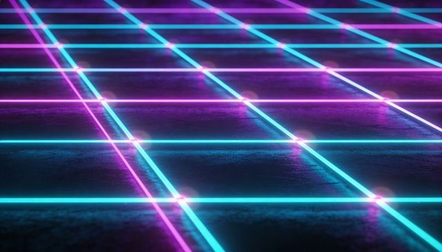 Retro Neon Grid Floor with Cyan and Magenta Lines Receding into Futuristic Horizon