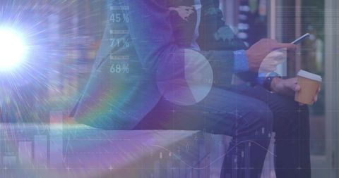 Businessman Using Smartphone Amidst Digital Finance Display