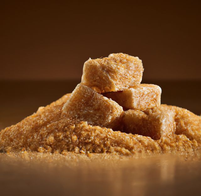 Image shows pile of brown sugar cubes on loose brown sugar in warm lighting. Perfect for use in baking blogs, recipe websites, ingredients illustrations, food and beverage advertisements, and health articles discussing natural sweeteners.