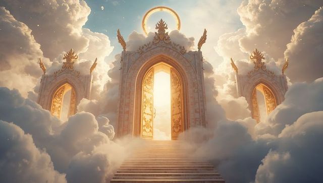 Heavenly golden gateway with ornate doors and cloud staircase leading to halo ring