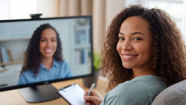 Smiling woman taking notes during virtual meeting at home office with desktop monitor