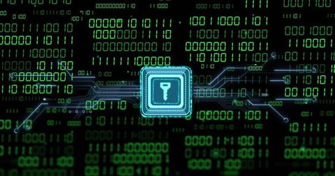 Microchip Securing Binary Data Stream with Glowing Key Icon and Circuit Trace Matrix