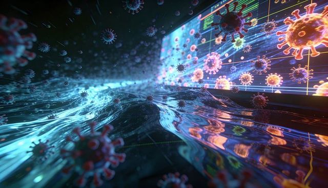 Neon viral particles drifting over digital data stream, casting glossy liquid reflections