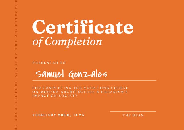 Composition of course completion certificate text over orange background. Certificates and documents concept digitally generated image.