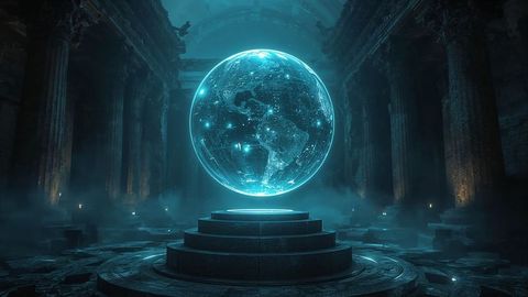 Holographic earth globe hover ancient temple ruin