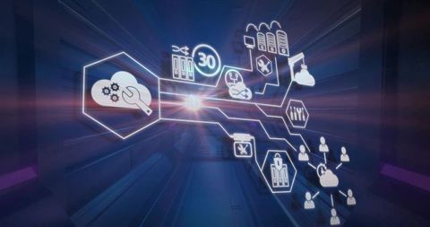 Futuristic Digital Network with Cybersecurity Icons in Server Hall