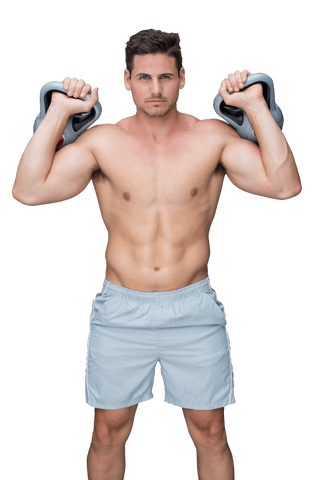 Caucasian man lifting kettlebells on transparent background