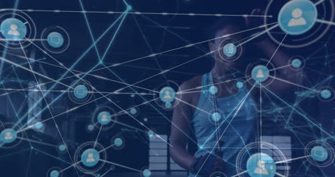 Tired Athlete in Gym with Digital Network Overlay