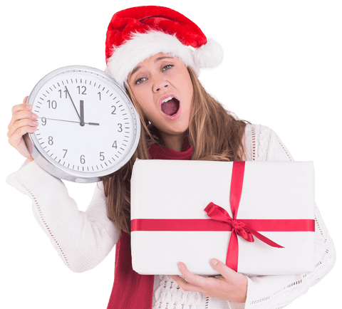 Festive Woman in Santa Hat Holding Clock and Gift Looking Tired