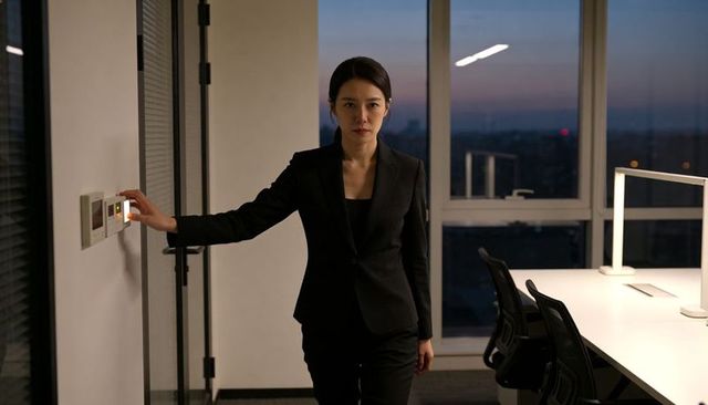 Walking asian businesswoman pressing control panel at dusk in highrise office skyline