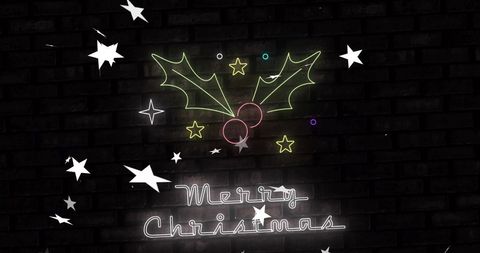 Neon Merry Christmas Sign with Holly and Stars on Dark Wall