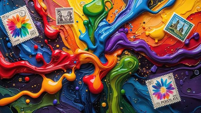 Vibrant acrylic paint swirls with colorful stamps and glitter