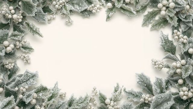 Frosted holly wreath border flatlay on pale cream background with matte white berries