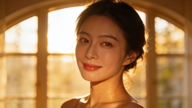 Golden hour headshot of asian woman smiling in backlit arched window warm natural glow