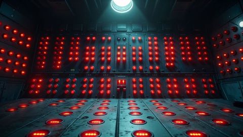 Futuristic industrial chamber with red alert glowing lights