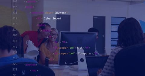 It team collaborating on cybersecurity and coding with transparent code overlay