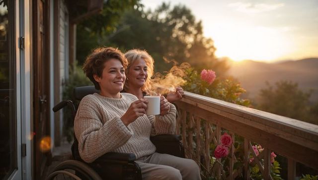 Caregiver supporting partner in wheelchair sharing steaming mugs on rose-lined balcony at sunset