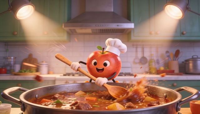 Cartoon apple chef stirring hearty beef stew in cozy home kitchen