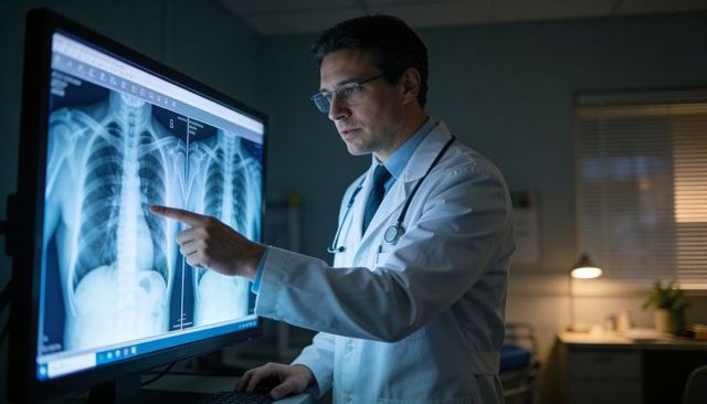 Male doctor reviewing chest x-ray on monitor pointing at lungs for radiology and diagnosis