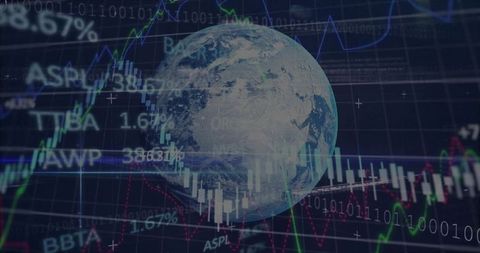 Displaying earth globe over global market data with candlestick charts and binary code
