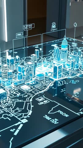 Vertical video: Holographic smart city map visualizing rising 3D towers and live data