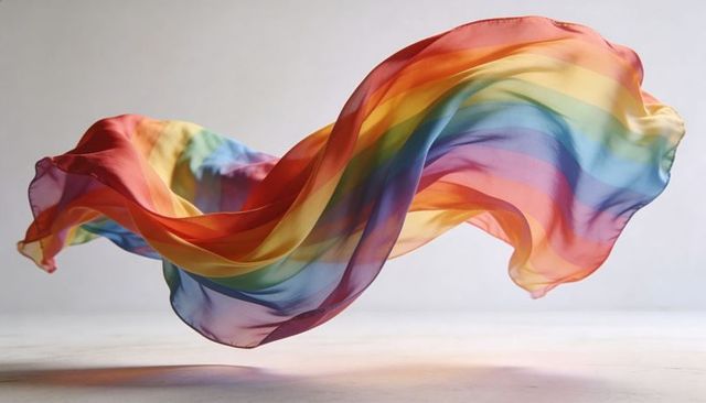 Flowing rainbow chiffon scarf billowing in air, sheer multicolor silk movement
