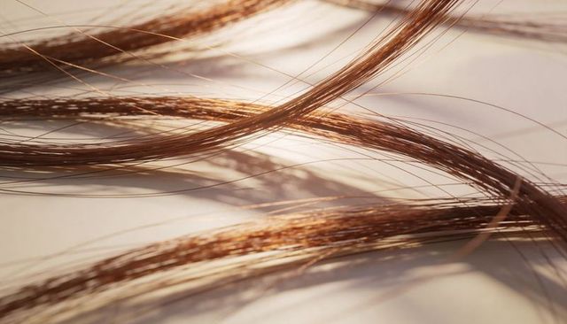 Glowing auburn hair strands forming flowing curves on pale beige background