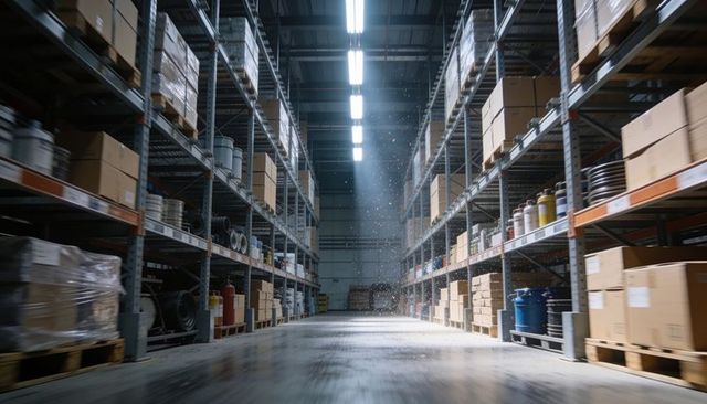 High-ceiling warehouse aisle stretching into distance with pallets, drums and metal racking