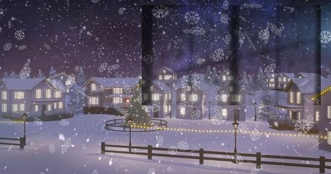 Winter Village Scene Through Frosted Glass at Night