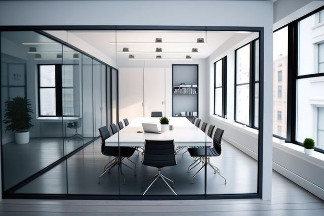 Modern conference room featuring glass walls and large windows with a city view. The room is equipped with a long white table, black chairs, and minimalistic decor including plants and shelves. Ideal for corporate presentations, business meetings, and professional workspace visuals.