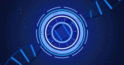 Futuristic dna helix entering circular hud interface with neon rings