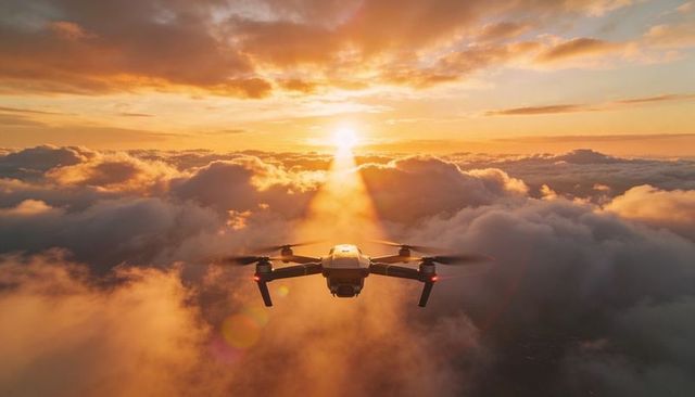 Sunset-lit drone flying above golden clouds toward camera with gimbal and red lights