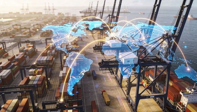 Global shipping network overlaying busy container port with gantry cranes and logistics