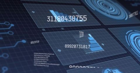 Futuristic holographic analytics dashboard displaying blue bar charts and numeric overlays