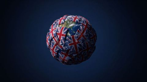 Earth encircled by british empire flags representing global patriotism