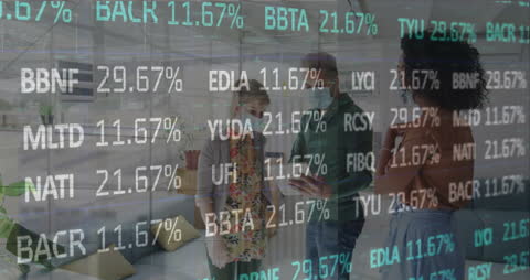 Business Team Analyzing Financial Data with Technology Overlay