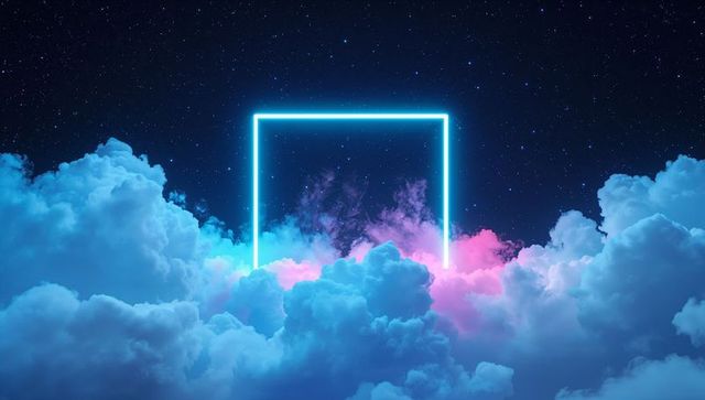 Futuristic glowing neon frame in stellar cloudscape